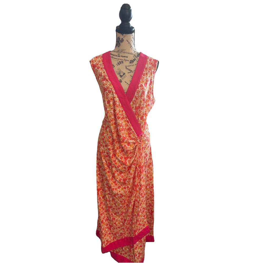 Lands’ End Orange Pink Floral 1X Maxi Dress Sleeveless Tencel Wrap Coastal New